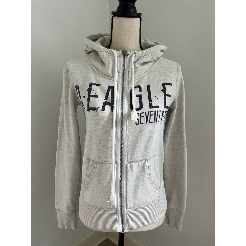 American Eagle Y2K‎ Graphic Hoodie sz Small Gray Full Zip Early 2000s Streetwear